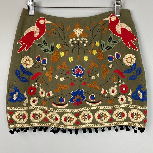 Altar’d State Linen Embroidered Floral Boho Bird Folk Art Mini Skirt Small - Picture 3 of 8